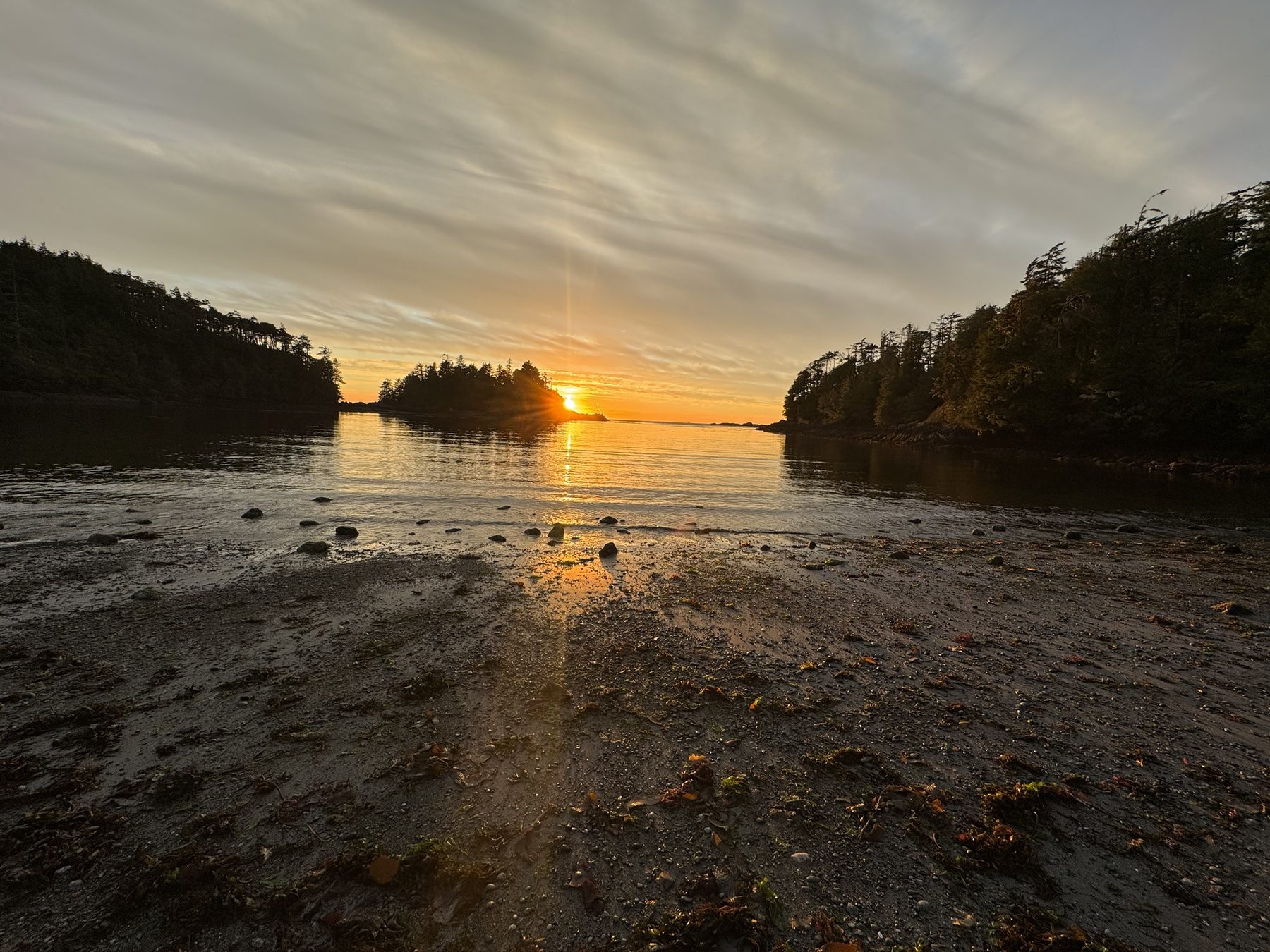 The sun setting between two forested headlands over a calm cove